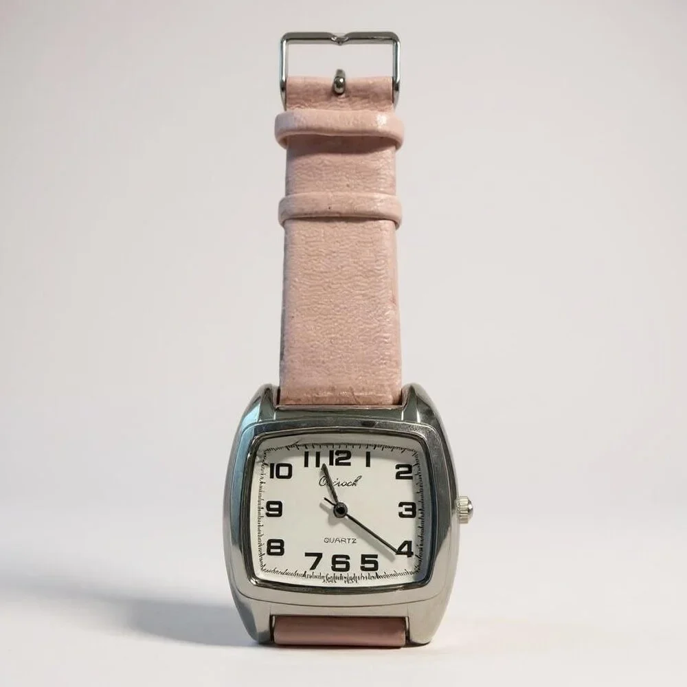 Osirock Vintage 1980s Square Watch Chrome Pink Faux Leather Strap Retro‎ Quartz